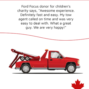 Cherry red tow truck parked in front of a white background. There is a partial cherry red maple leaf in the bottom right corner of the frame. Donate a Car Canada blog post, "Team Work Makes the Dream Work."