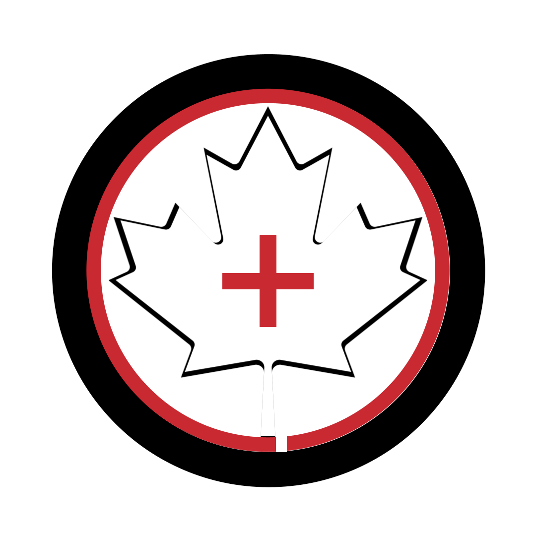 Canadian Red Cross symbol in the center of a white maple leaf surrounded by the donate a car canada black and red tire logo