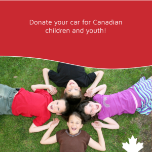 Four laughing children lying on their backs, head to head, on green grass. White text on cherry red background reads, "Donate your car for Canadian children and youth." Image used for Donate a Car Canada blog about donating vehicles for Boys and Girls Club Canada