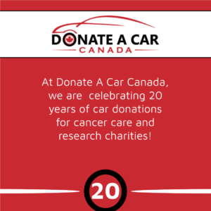 Donate a Car Canada logo (a cherry red line drawing of a sports car with the company name as the body) is a banner across the top of a post that reads, "At Donate a Car Canada we are celebrating 20 years of car donations for cancer care and research charities!" This is for a Movember and Prostate Cancer blog post.
