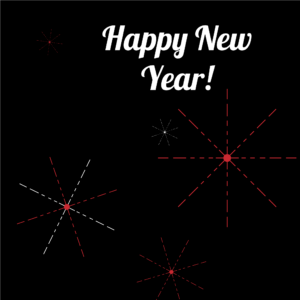 Black back ground with animated white-and-red fireworks. Text says Happy New Year! from Donate a Car Canada. Image used for New Year's Resolution blog post.