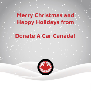 Animated white and grey snow scene of snowflakes lightly falling on gentle mounds of snow. Donate a Car Canada logo of a black tire with a cherry red maple leaf in the middle sits beneath a Christmas greeting that says, "Merry Christmas and Happy Holidays from Donate a Car Canada!"