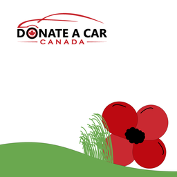 Remembrance Day poppy resting on a green hillside painted on to a white background Donate a Car Canada logo in top left corner inviting donors to give to their veteran's charity of choice