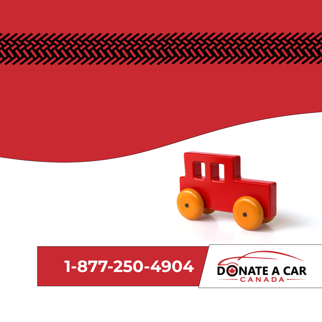 Red and white background with a red wooden toy car with orange wheels Donate a Hybrid