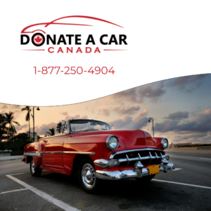 Red classic car parked in front of a sunset with phone number for Donate a Canada Fundraising
