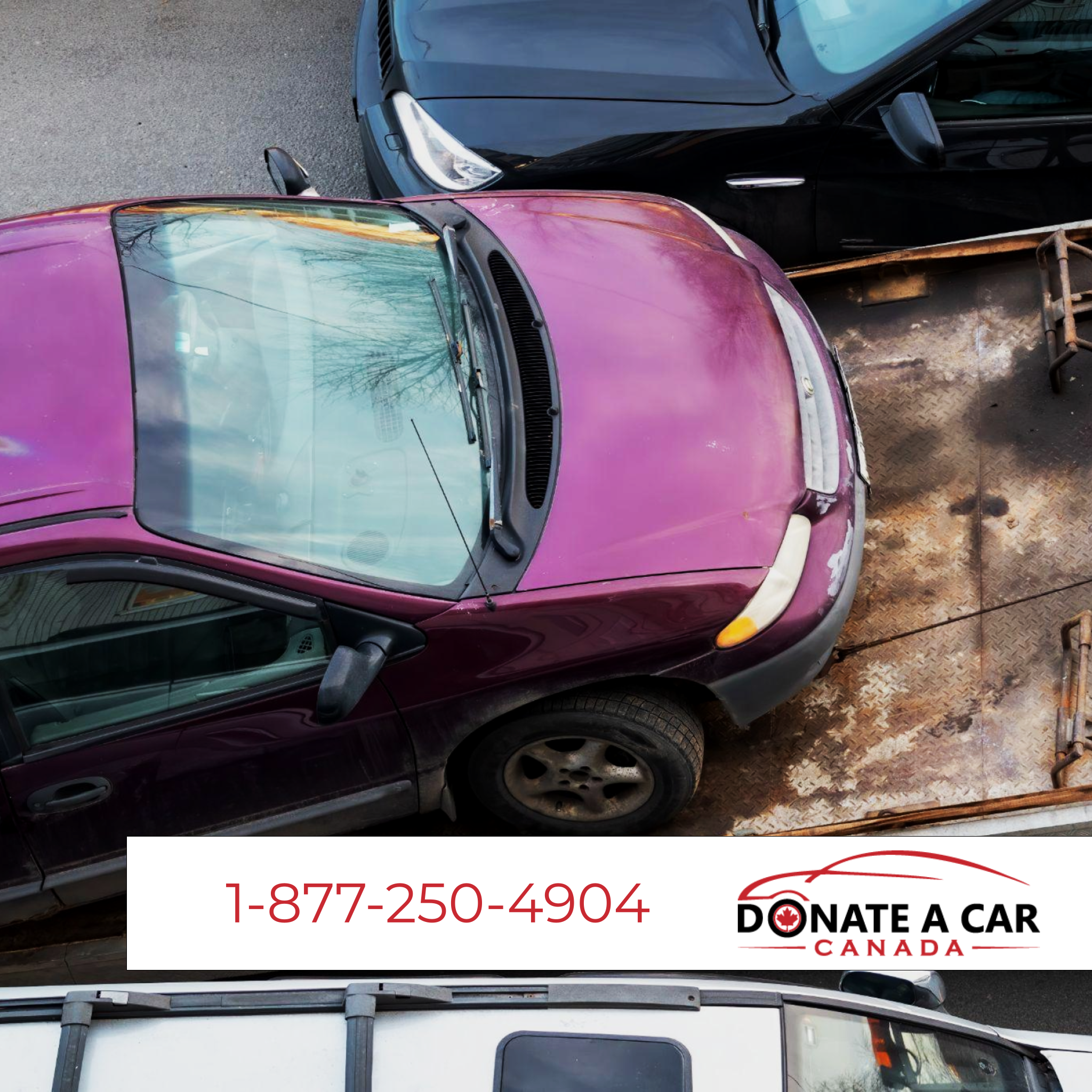 purple van being loaded onto a tow truck flatbed text reads donate a car canada golf