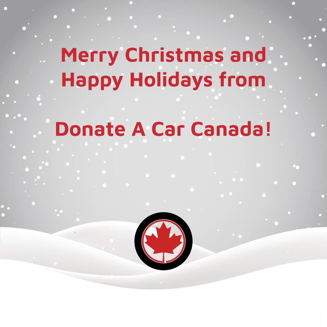 Artistic rendering of light snowfall onto gentle snow mounds with Donate a Car Canada logo and Christmas wishes for Peace on Earth, Merry Christmas, and Happy Holidays