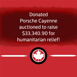 White text on red background with Donate a Car Canada logo reads Donated Porsche Cayenne auctioned to raise $33,340.90 for humanitarian relief