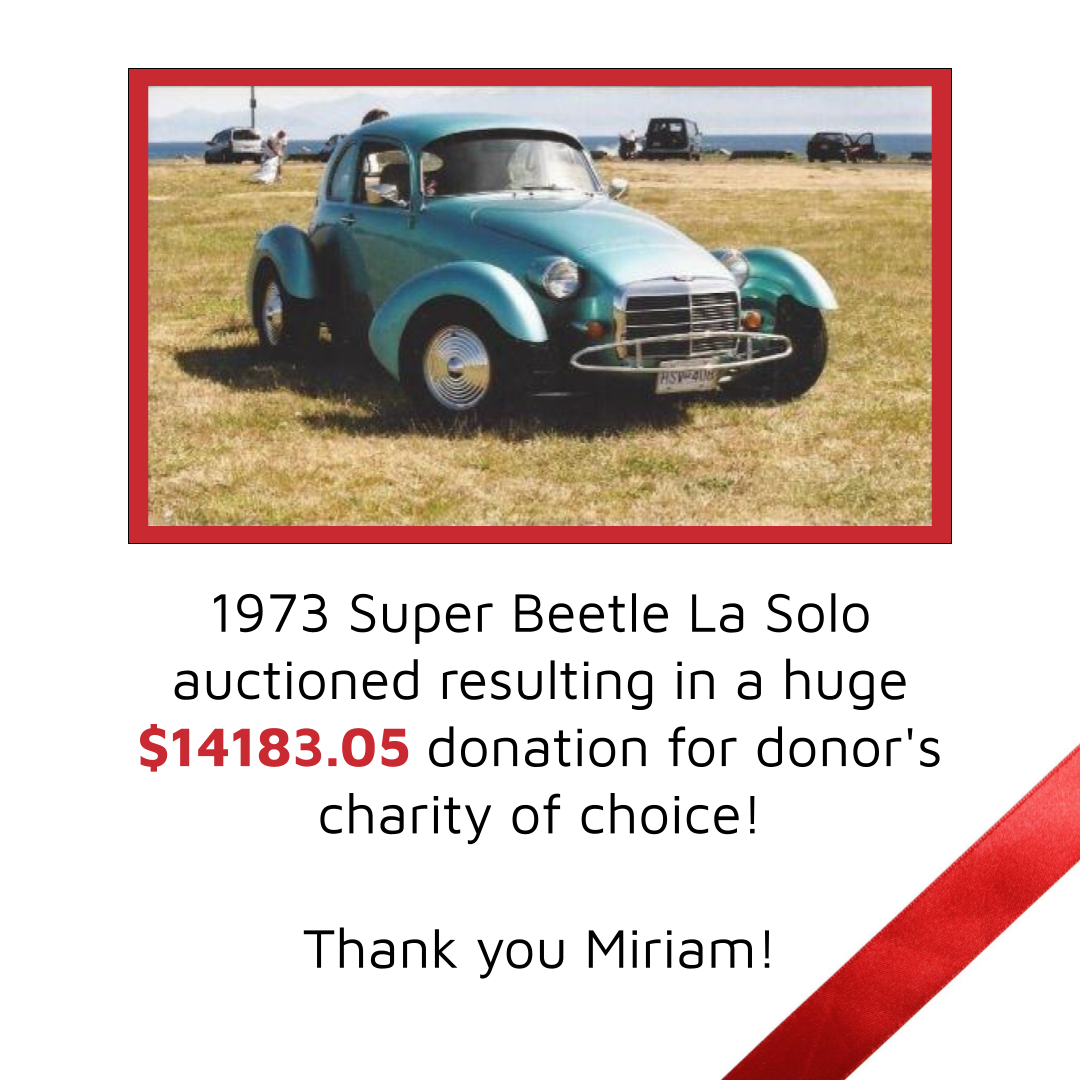 Blue 1973 Beetle La Solo pictured on white back ground captioned Super Beetle La Solo auctioned resulting in a hug $14,183.05 donation for donor's charity of choice! Thank you Miriam!