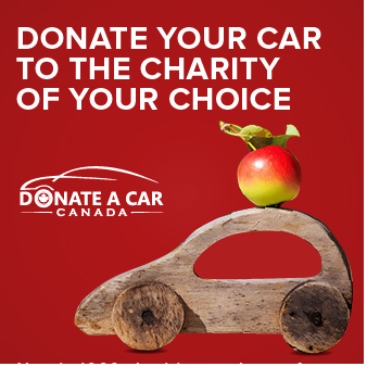 Apple red background Wooden toy punch buggy with a bright red and green apple sitting on its roof Donate a Car Canada logo is a white line drawing of a sports car Text reads Donate your car to the charity of your choice