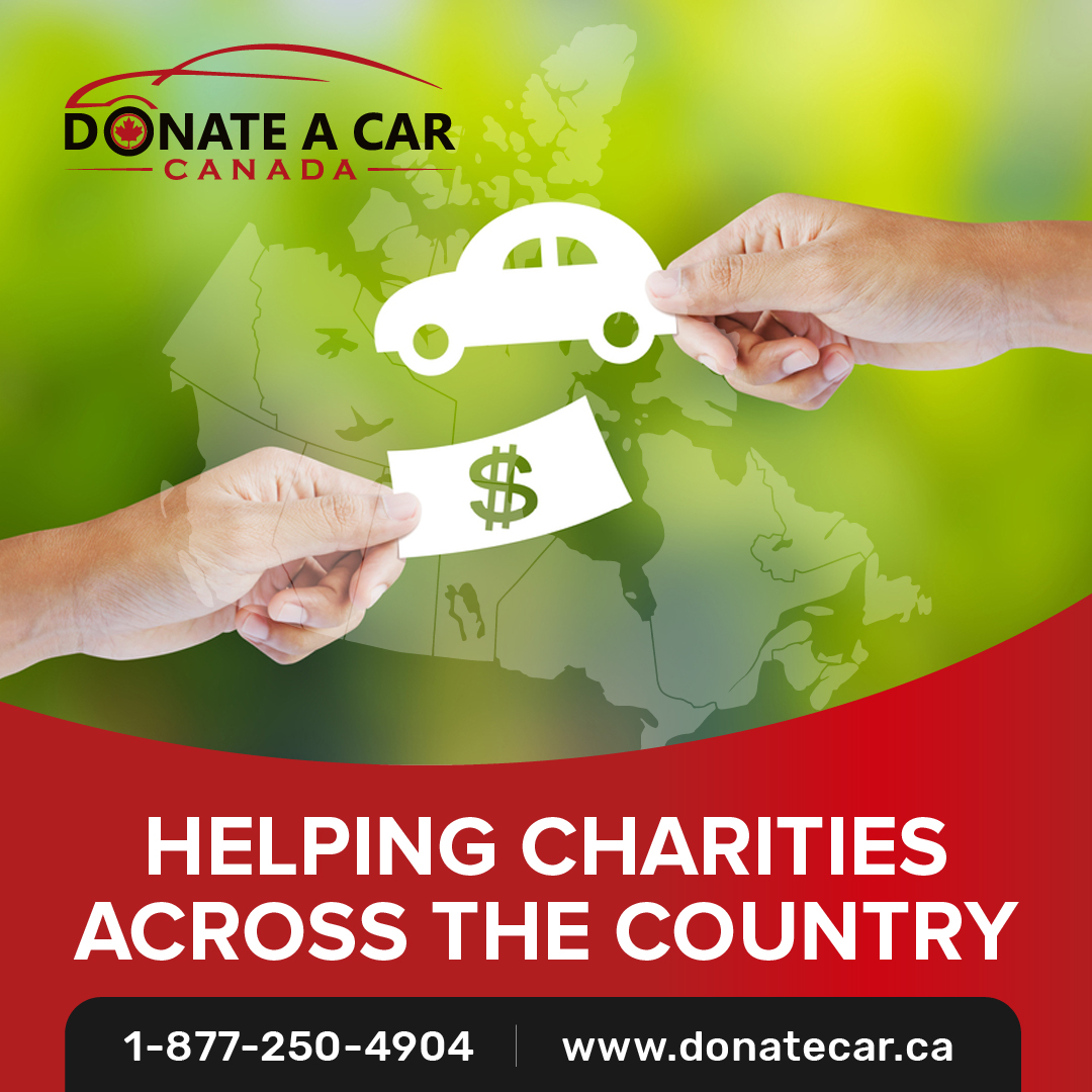 Donate a Car Canada logo white text on cherry red background reads Helping Charities Across the Country 1-877-250-4904 Nissan Car Donations