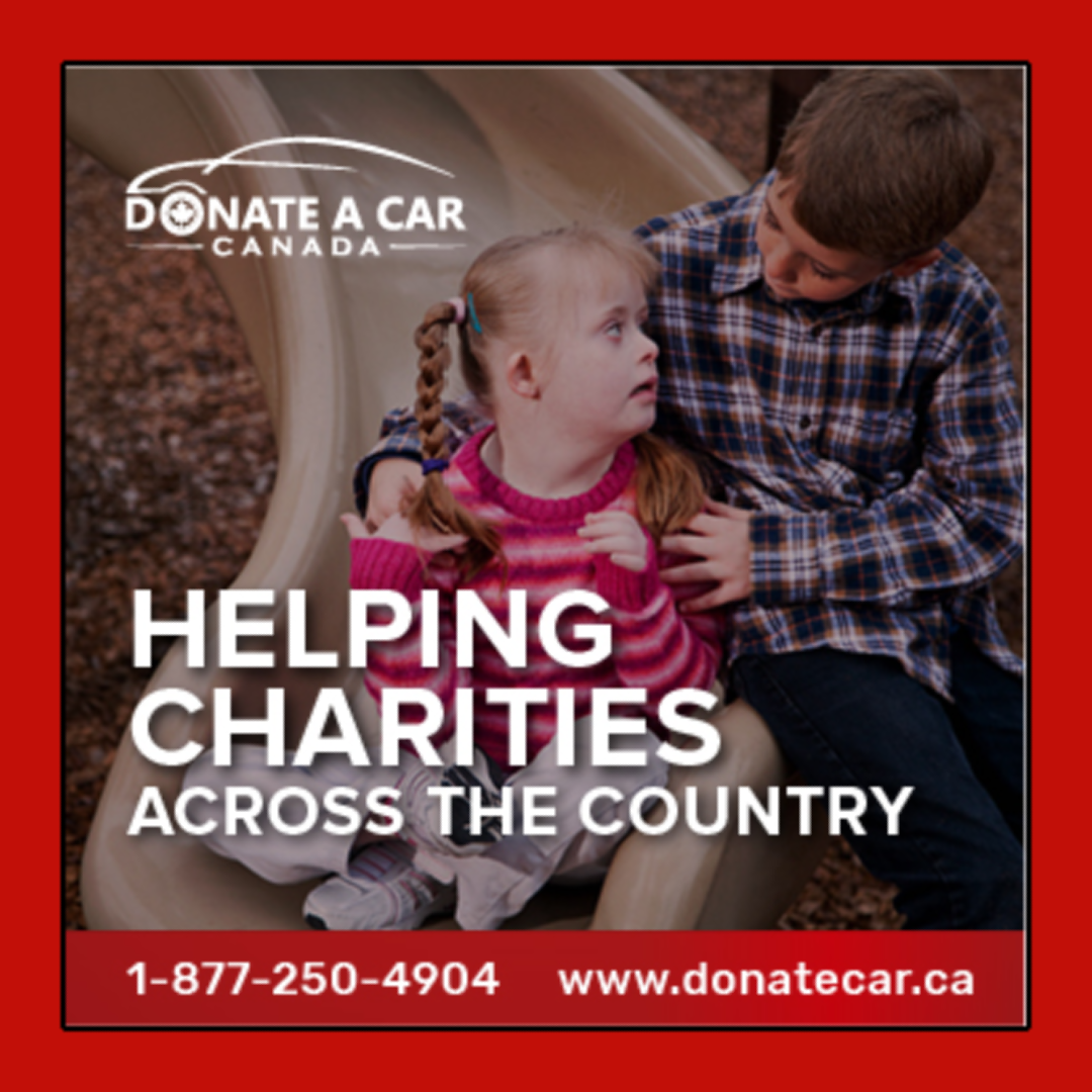 Donate a Car Canada logo with text reading Helping Charities Across the Country with a picture of two children sitting on a playground slide National Accessibility Week