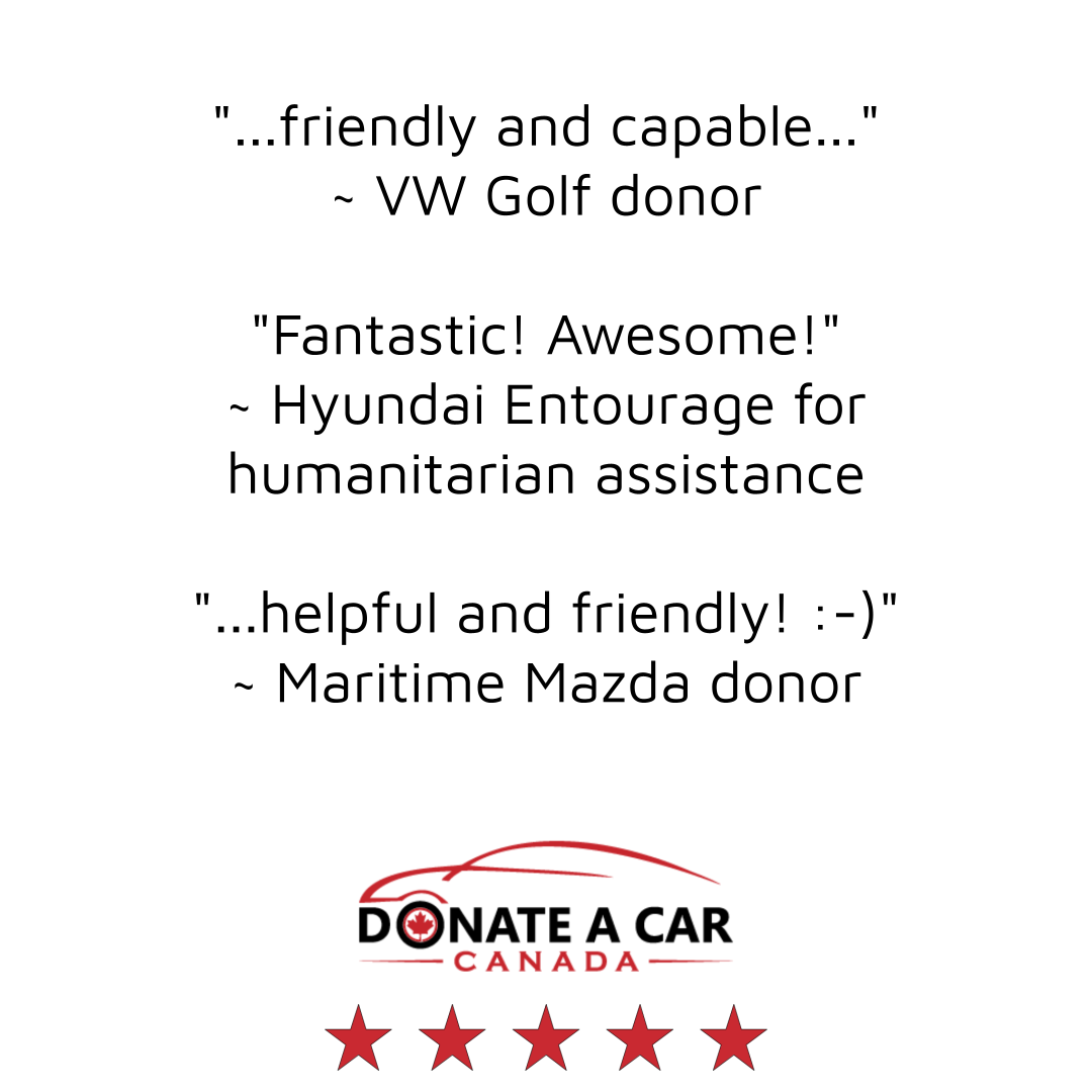 Black text on white background with Donate a Car Canada 5 Star Vehicle Donation reviews