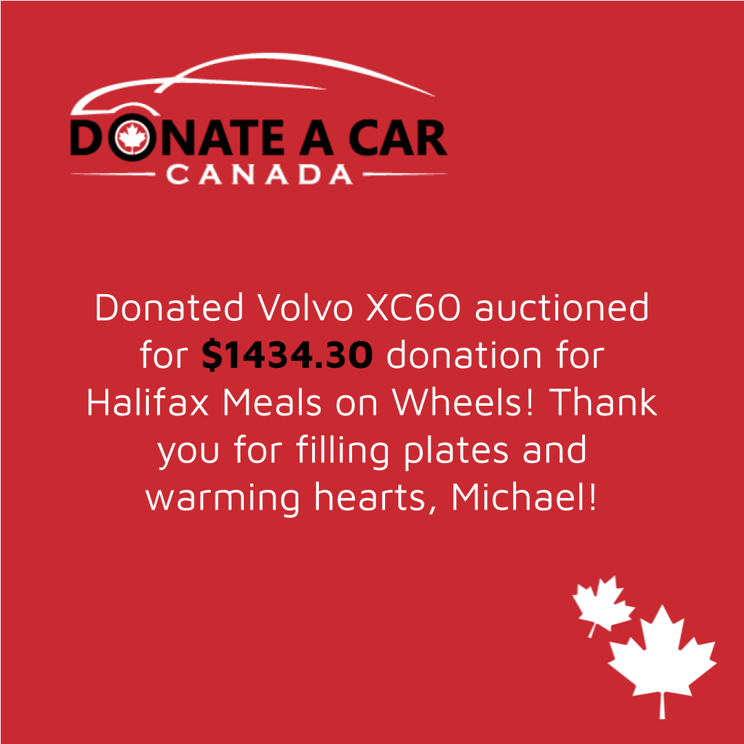 Donate a Car Canada logo on cherry red background. Additional white text reads Donated Volvo auctioned for $1434.30 donation for Halifax Meals on Wheels!