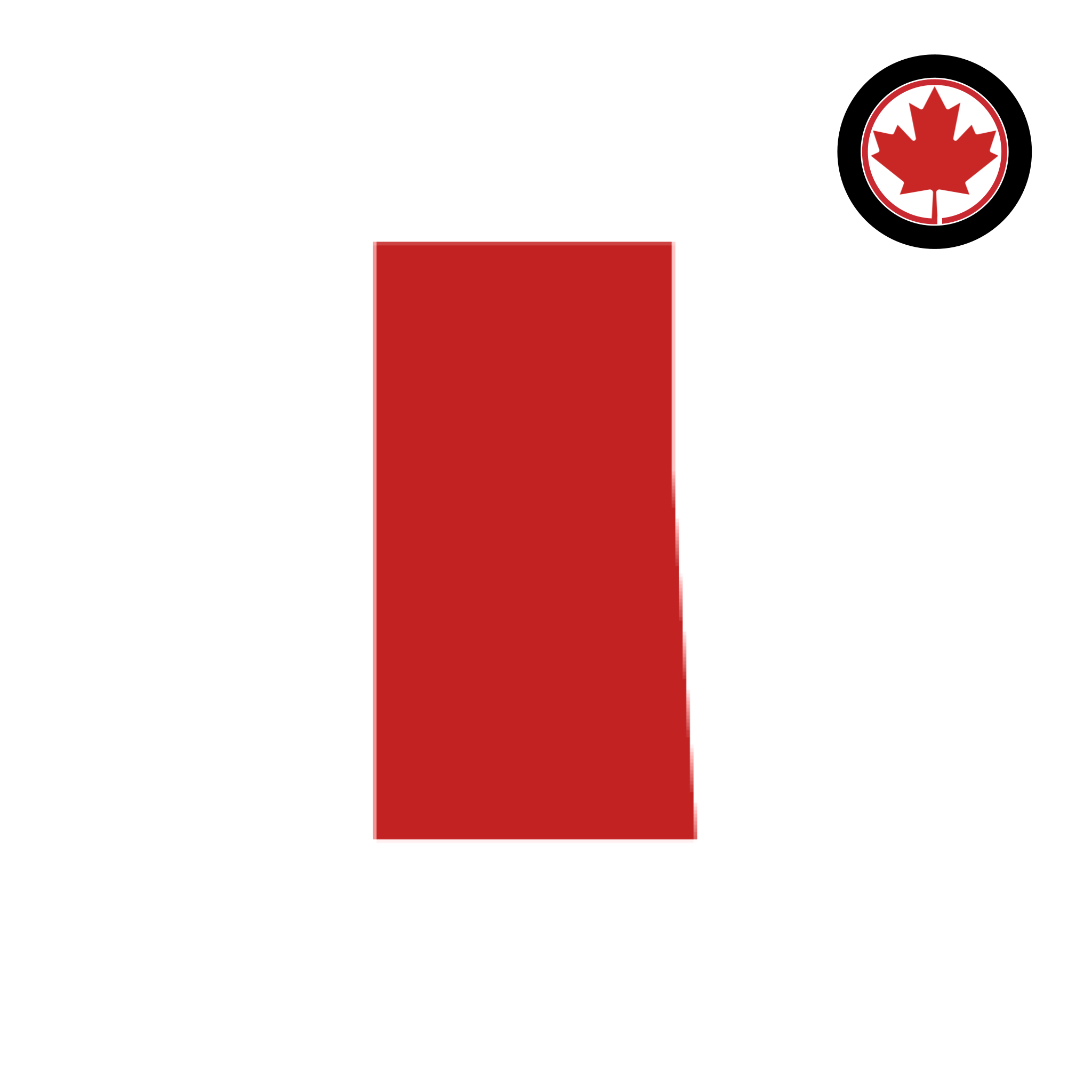 Cherry red relief in the shape of the province of Saskatchewan, Canada with Donate a Car Canada logo (black tire encircling a cherry red maple leaf in the centre) in the top right corner