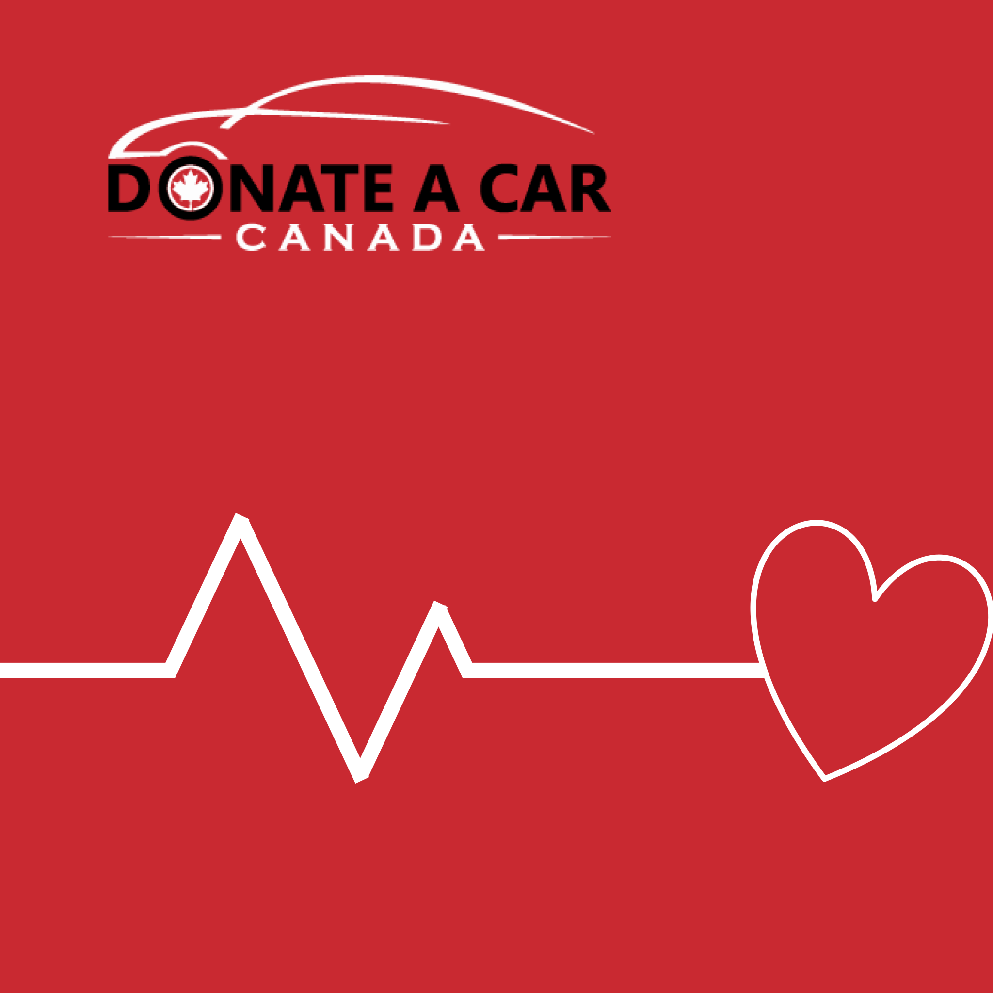 Donate a Car Canada logo on cherry red backdrop, white pencil sketch of a pulse monitor with the outline of a heart at the end. Donate a vehicle for hospital. Lexus owner donates vehicle for health partners.