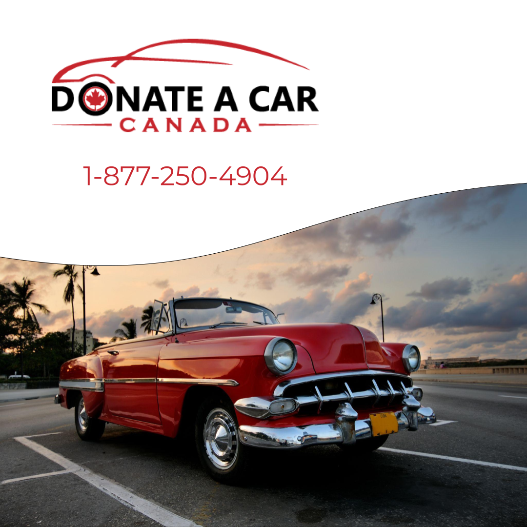 Red classic car parked in front of a sunset with phone number for Donate a Canada Year End Giving