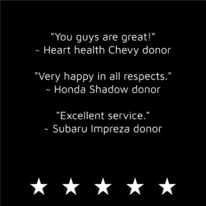 White text on black background gives 5 star reviews of donate a car canada. Blog post Hockey Helps Canadian Charities