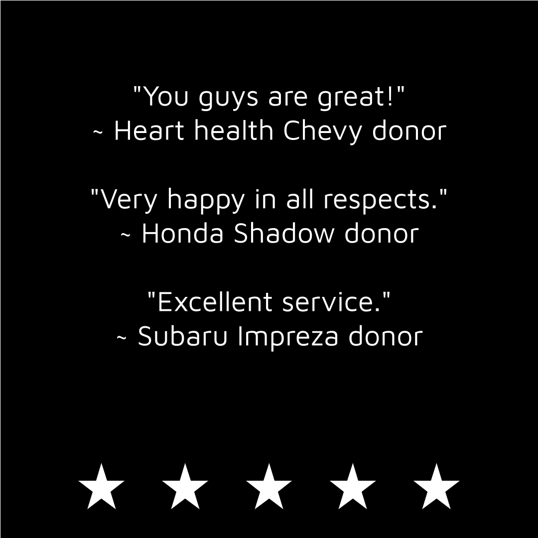 White text on black background gives 5 star reviews of donate a car canada. Blog post Hockey Helps Canadian Charities