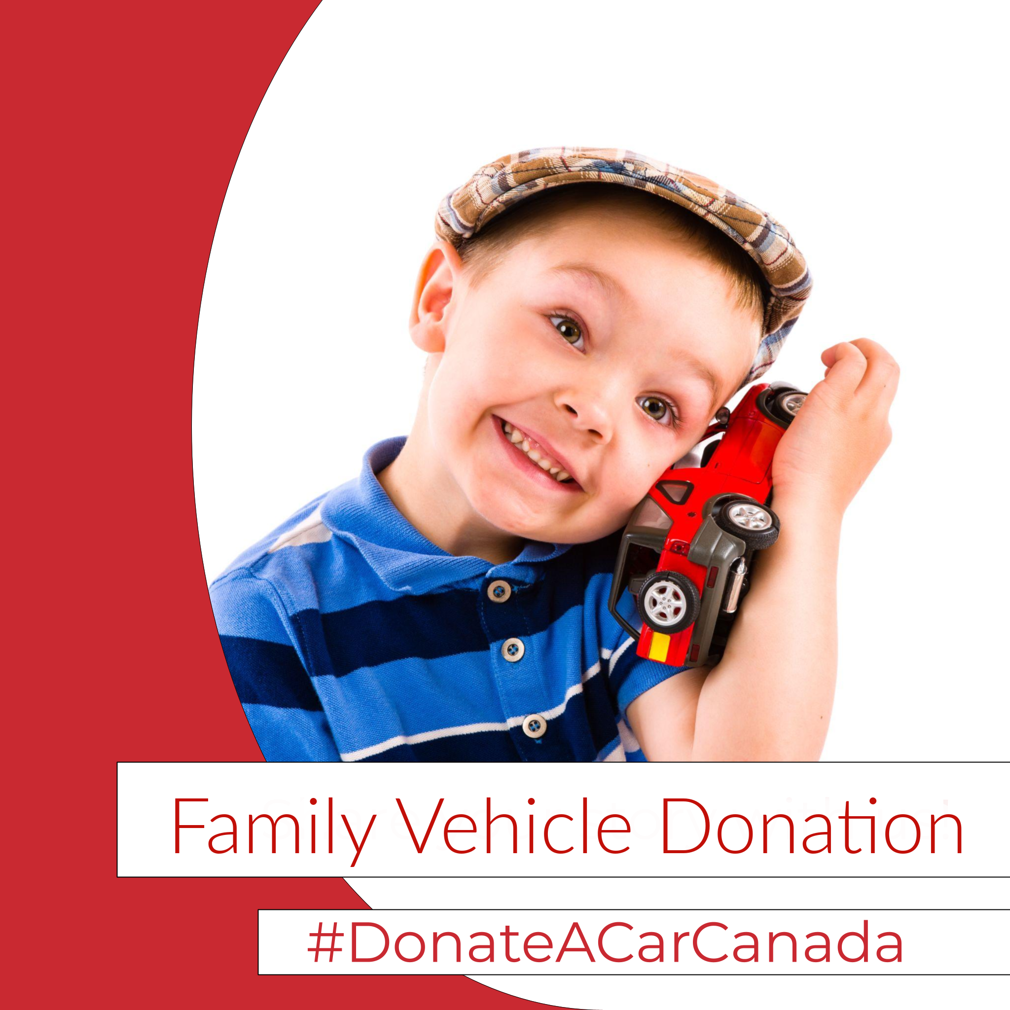 Young boy wearing a blue shirt and jaunty hat smiles happily as he holds a cherry red toy car. Donate a Car Canada Things to do on Family Day