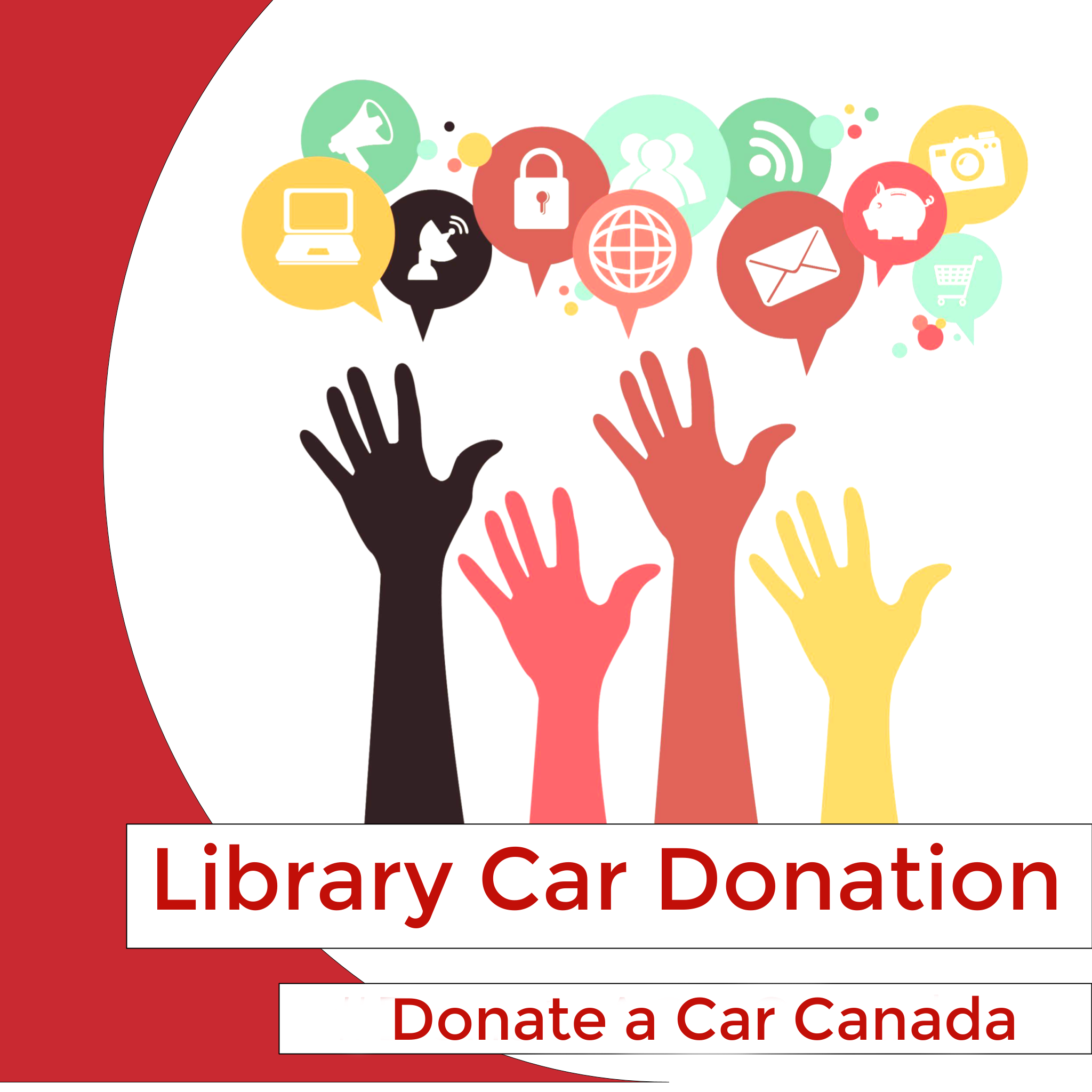 Animation of 4 hands reaching for thought bubbles with images representing games, technology, communication, history, science, and geography. Local Library car donation through Donate a Car Canada