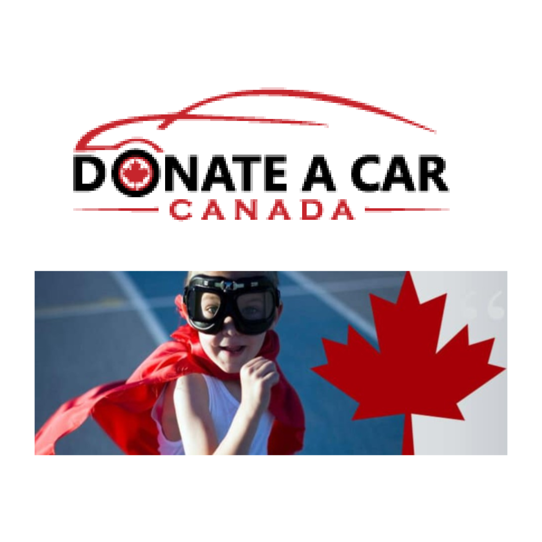 Little boy wearing aviator glasses and a cherry red cape with a bright red maple leaf beside him. Donate a Car Canada Purely Canadian Buy Canadian Give Canadian