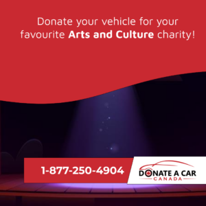 White text on cherry red descending theatre curtain, "Donate your vehicle for your favourite Arts and Culture charity!" Donate a Car Canada Made in Canada blog