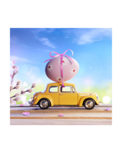 Bright yellow toy car with a giant pink, polka dot Easter egg tied to the roof with a pink bow parked in front of a bright blue sky scattered with pink cherry blossoms. Donate a Car Canada Charity of Choice
