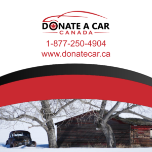 Rusty antique car parked underneath a barren wintering tree and beside an old farm shed. Donate a Car Canada logo, phone number 1-877-250-4904, and web address www.donatecar.ca for Donate My Car? My Precious Car? blog post