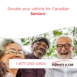 Three ethnically diverse seniors are taking a joyful selfie in front of a leafy green tree. Cherry red text on a white background reads, "Donate a vehicle for Canadian Seniors," for the "Support for Canadian Seniors" blog post at Donate a Car Canada whose logo and phone number (1-877-250-4904) is across the bottom of the image.