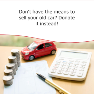 Cherry red toy car is "parked" beside a pile of silver coins and a calculator. Generosity Car Donation Style