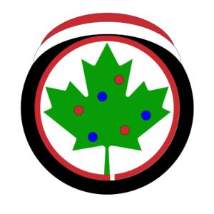 Donate a Car Canada logo of a maple leaf inside a black tire with colours changed to add holiday cheer. The maple leaf is Christmas tree green decorated with ball Christmas ornaments. The tire is "wearing" a Santa hat.