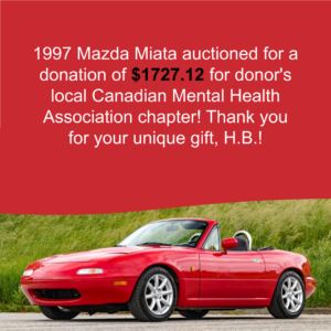 Donate a Car Canada blog post image for vehicle donation post shows a cherry red background with a stock photo of a cherry red sports car along the bottom. Text reads, "1997 Mazda Miata auctioned for a donation of $1,727.12 for donor's local Canadian Mental Health Association chapter! Thank you for your unique gift., H.B.!"