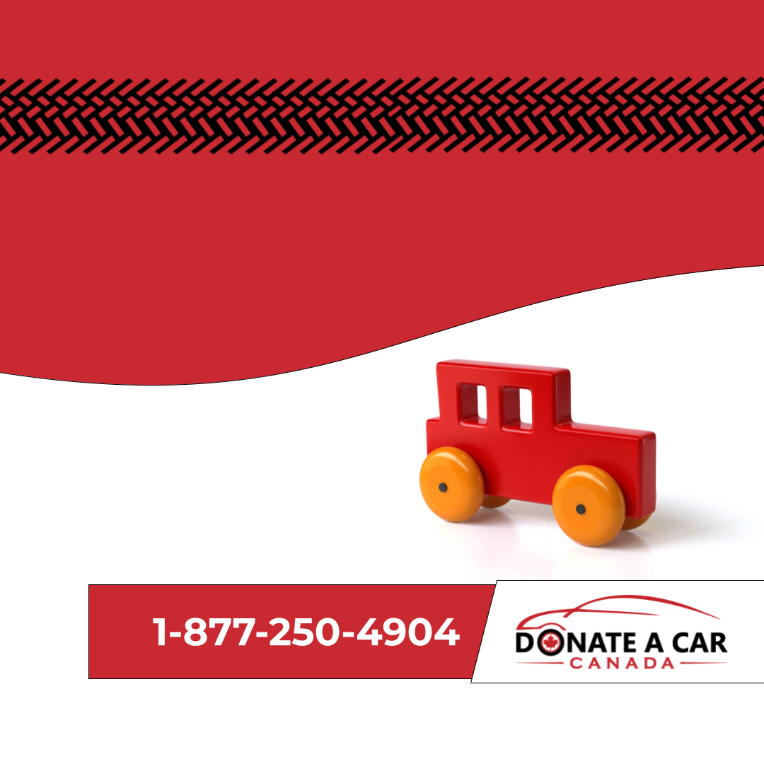 Donating Cars blog post image is a small, cherry red wooden toy car with orange wheels. The Donate a Car Canada logo (a line drawing of a cherry red sports car) is in the bottom right corner. The company phone number (1-877-250-2904) is written in white across a deep red banner, center bottom.