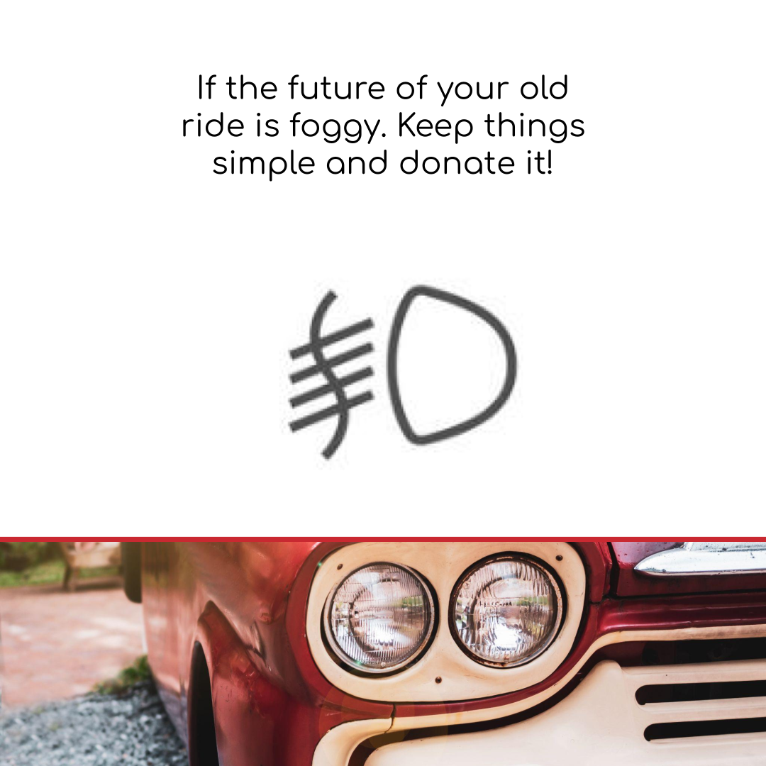 Donate a Car Canada blog image is a cherry red classic car close up. Black text on white background above the image reads, "If the future of your old ride is foggy, keep life simple and donate it!