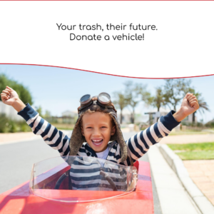 Donate a Car Canada Hyundai blog entry has an image of a joyful young boy in a striped shirt wearing aviator goggles driving a cherry red toy race car. The text above him reads, "Your trash, their future. Donate a vehicle!"