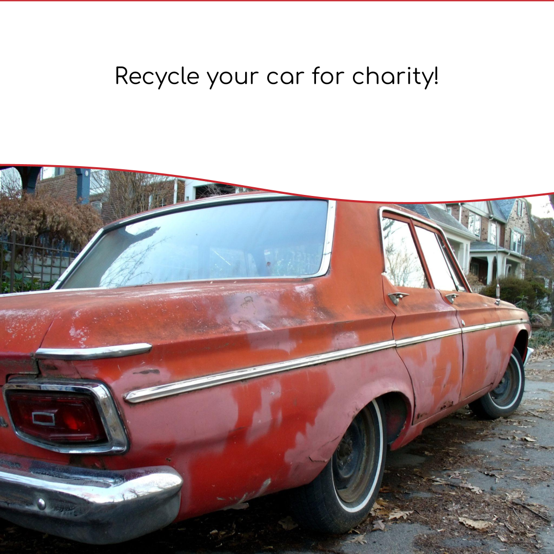 Donate a Car for Hospice blog post image is a beat up old red car parked in an empty lot. Black text above the car reads, "Recycle your car for charity!"