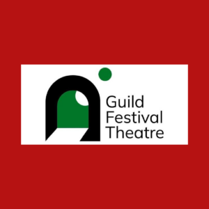 Guild Festival Theatre logo of a green stage door outlined in black is on a cherry red background for Donate a Car Canada blog post about theatre vehicle donation.
