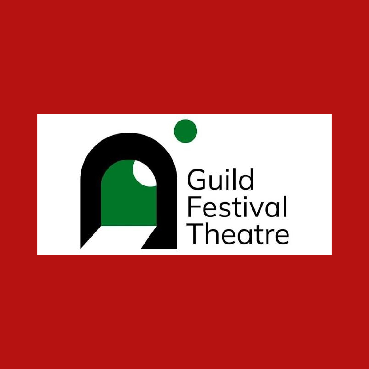 Guild Festival Theatre logo of a green stage door outlined in black is on a cherry red background for Donate a Car Canada blog post about theatre vehicle donation.