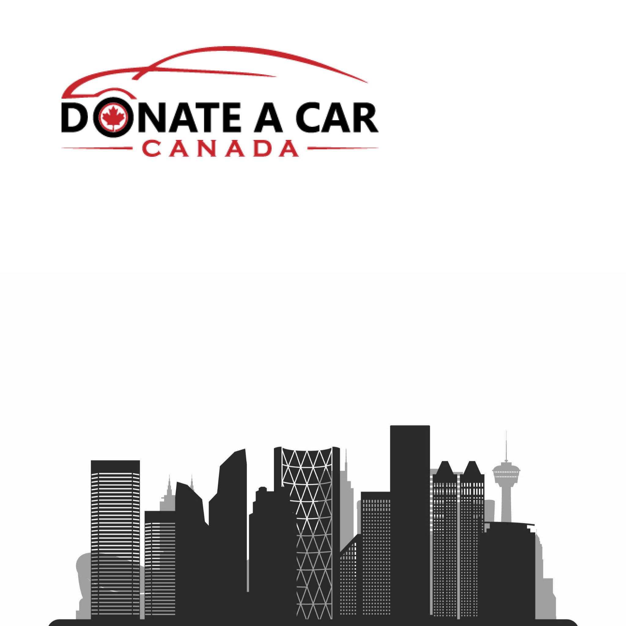 Donate a Car Canada logo (a cherry red line drawing of a sports car) sit in the top left corner of a black and white ink sketch of the Calgary skyline.