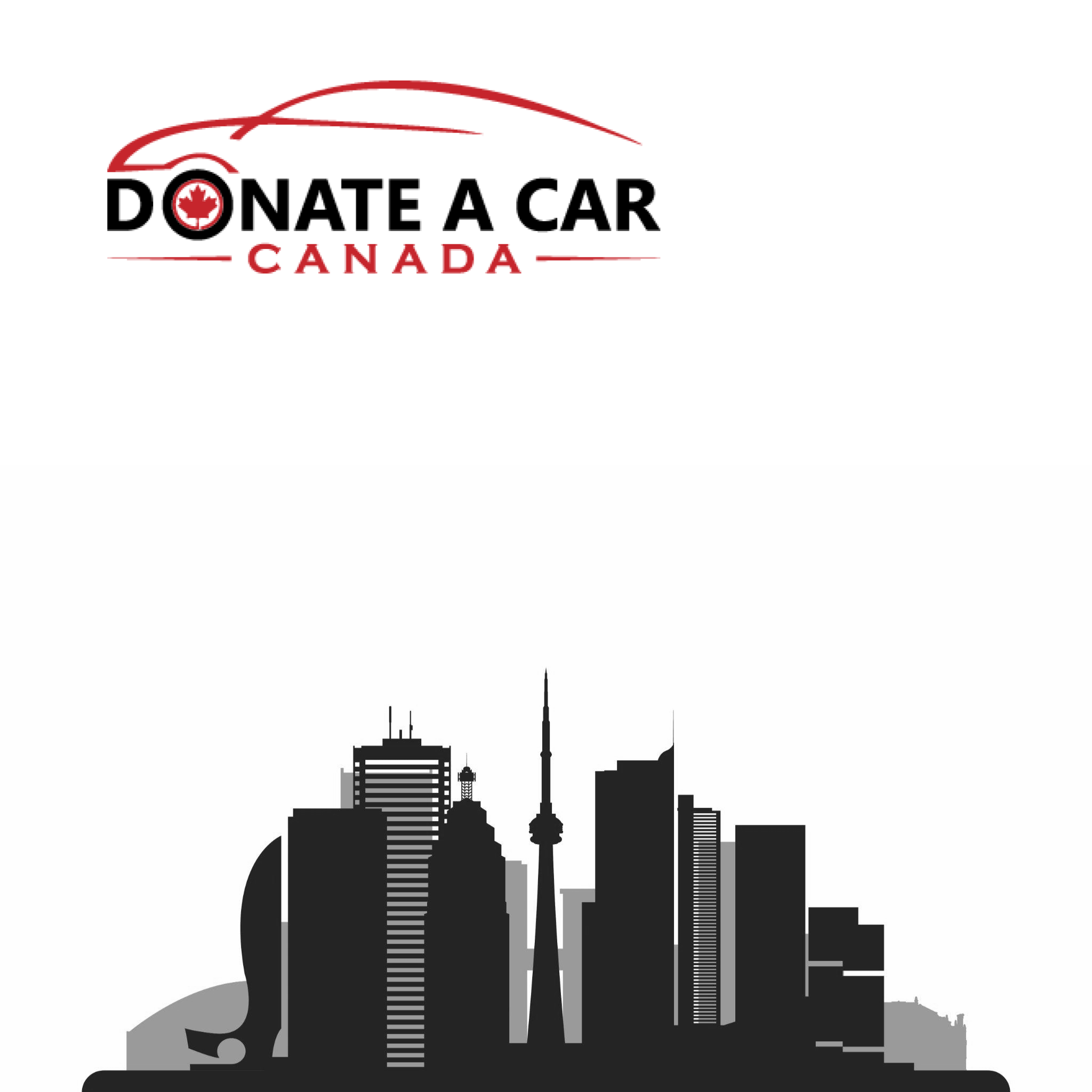Donate a Car Canada logo, a cherry red line drawing of a side profile of a sports car sits in the top left corner of a picture of a black and white sketch of the Toronto Canada skyline. Toronto car donation